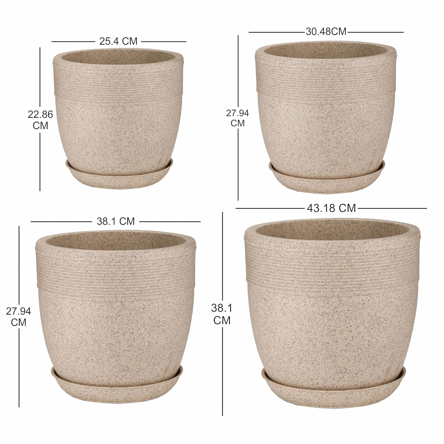 Set of 4 Roto Moulded Flower Pots with Trays (10 Inch,12 Inch,15 Inch & 17 Inch)