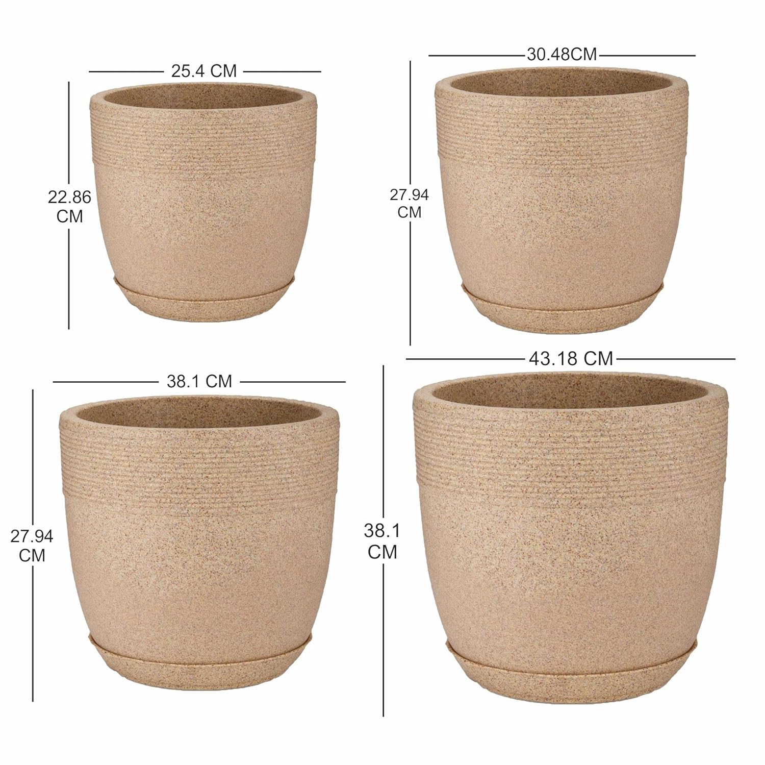 Set of 4 Roto Moulded Flower Pots with Trays (10 Inch,12 Inch,15 Inch & 17 Inch)