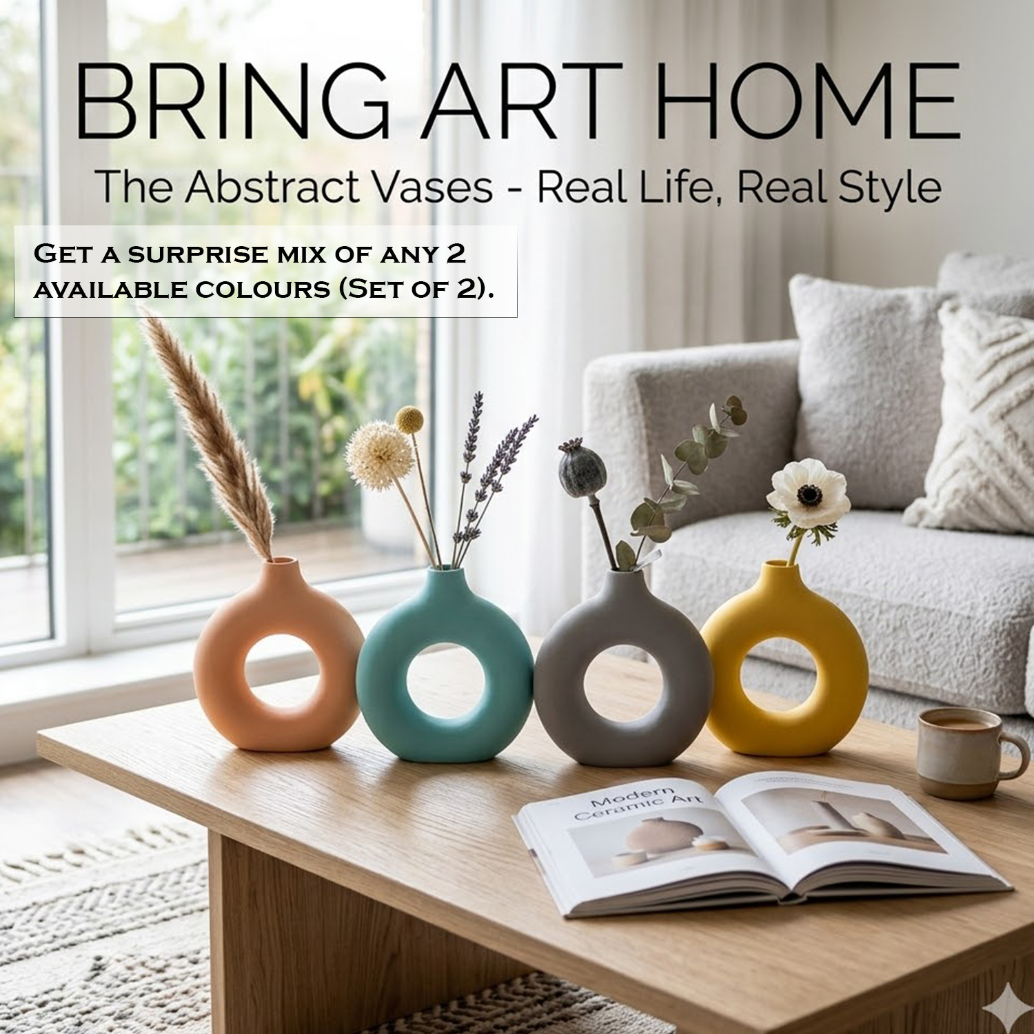 Prestige Circle Pot 8" | Mix Fresh Colours | Set of 2 | Handcrafted Ceramic Donut Vase