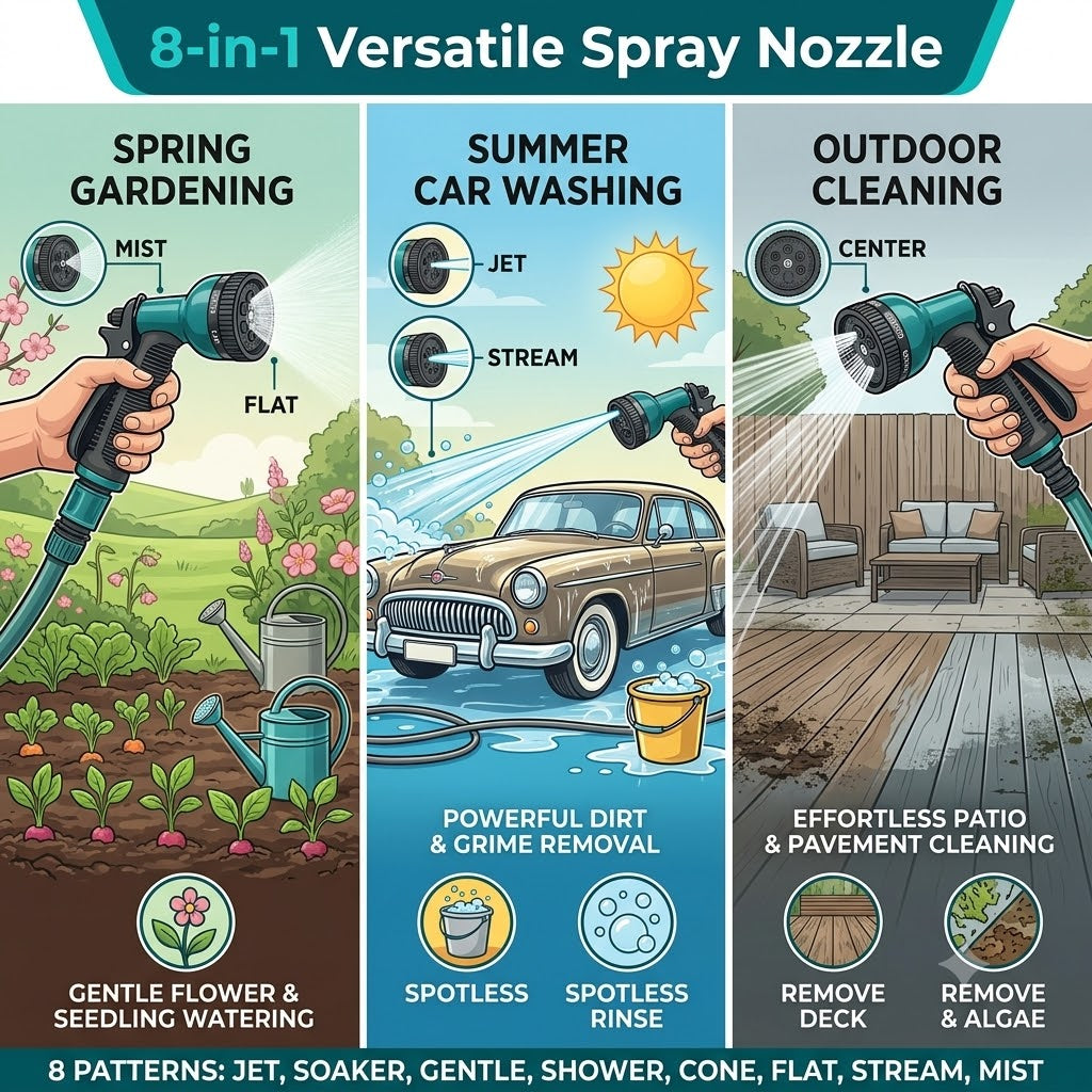 8-Pattern Garden Hose Spray Nozzle Gun – Heavy-Duty Water Sprayer