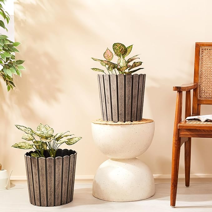Ribbed Wood-Style Planter Pot Set of 2 – 12 Inch Round Indoor Outdoor Flower Pots for Home, Balcony, Terrace & Office Decor