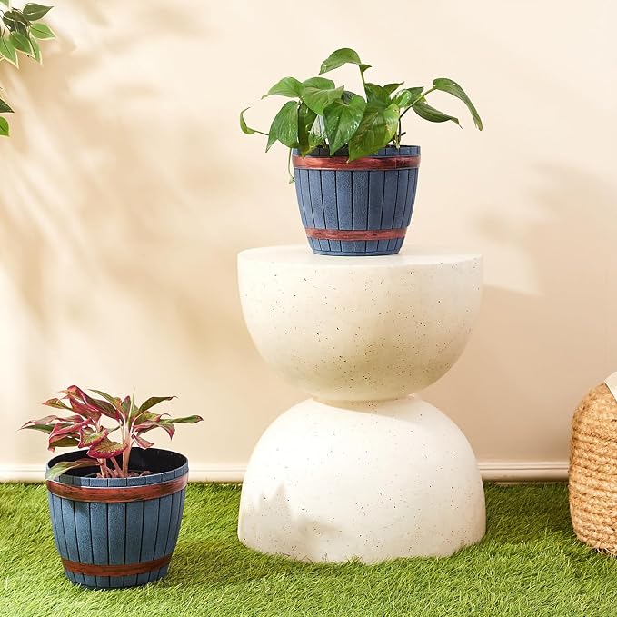 Whiskey Barrel Style Planter Pot Set of 2 – 8 Inch Round Indoor Outdoor Flower Pots with Wood-Look Rim Accents for Terrace, Balcony, Home & Office Decor