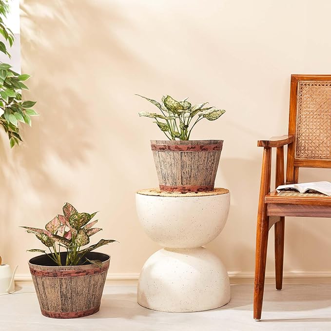 Wooden Barrel Design Flower Planter Pot – 12 Inch Round Indoor/Outdoor Set of 2 – Rustic Whiskey Barrel Style Plant Pots for Home, Balcony, Terrace & Office Decor