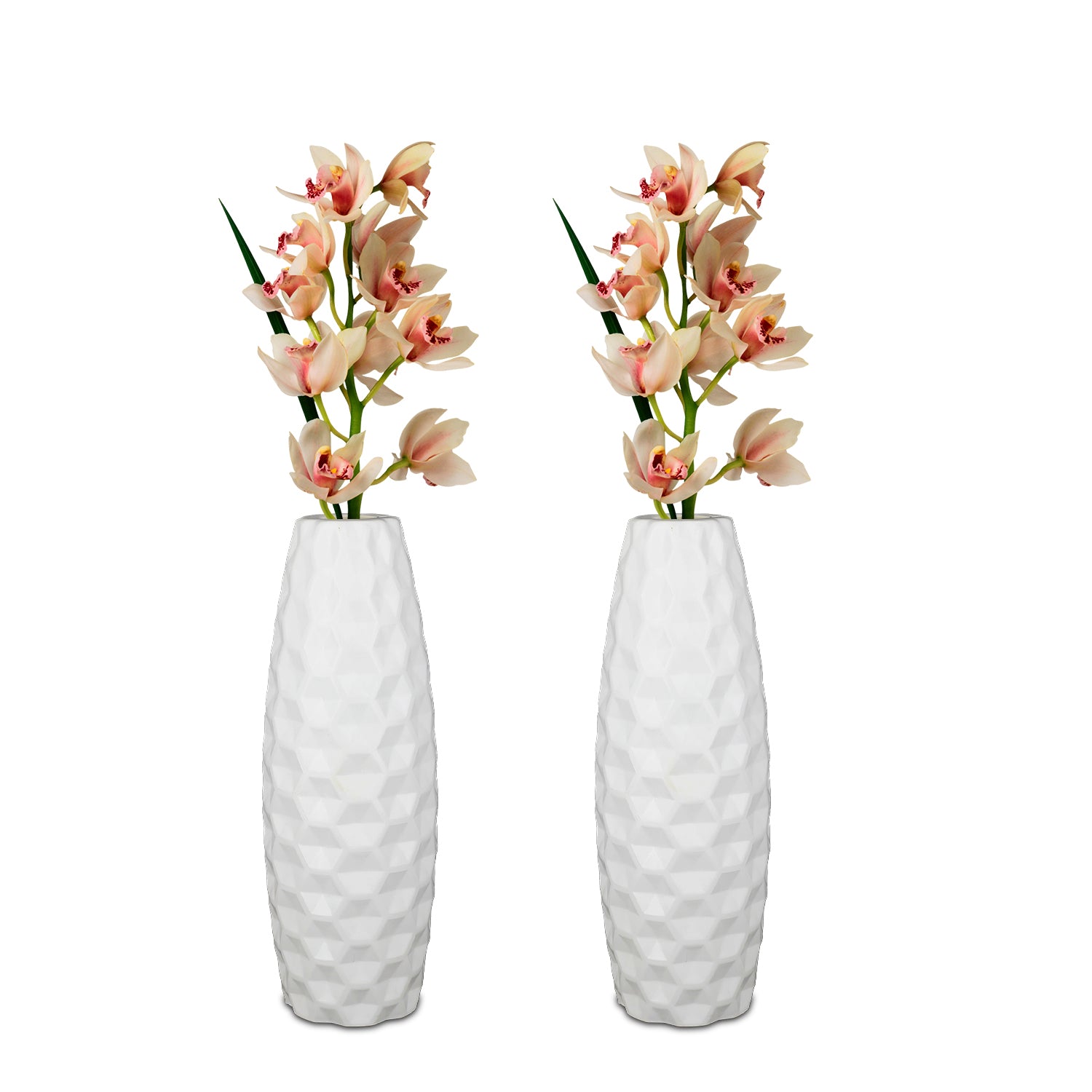 11 Inch White Celerio Flower Vases Decorative Cylindrical Tabletop Holders (Set of 2)