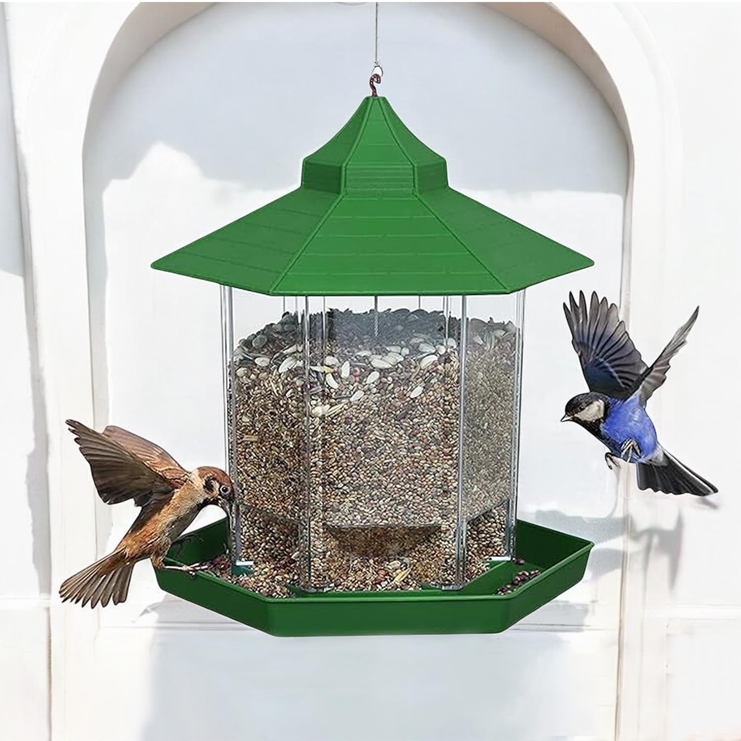 Hut Shaped Bird Feeder with Transparent Grain Holder with Hanging Wire (Green)