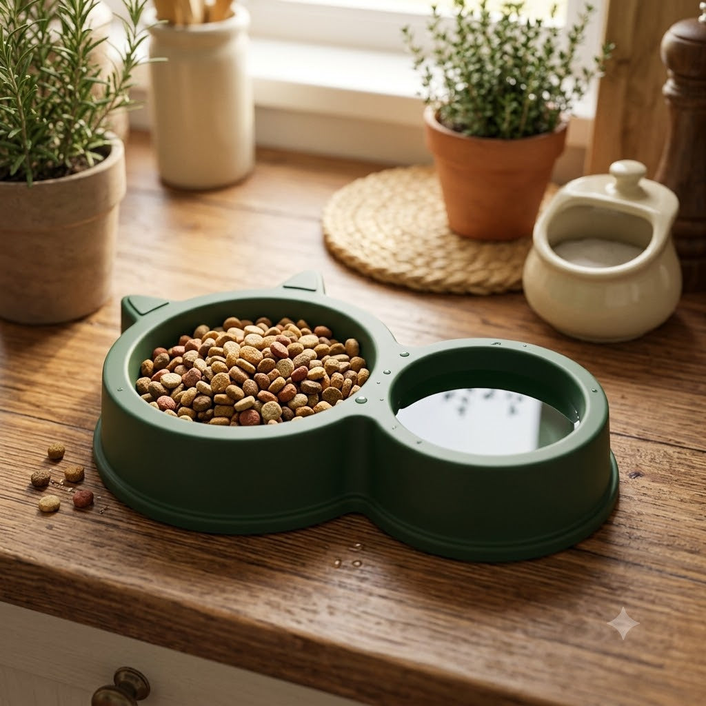 Cat & Dog Ear Double Bowl Plastic Pet Feeder – 11.5 Inch