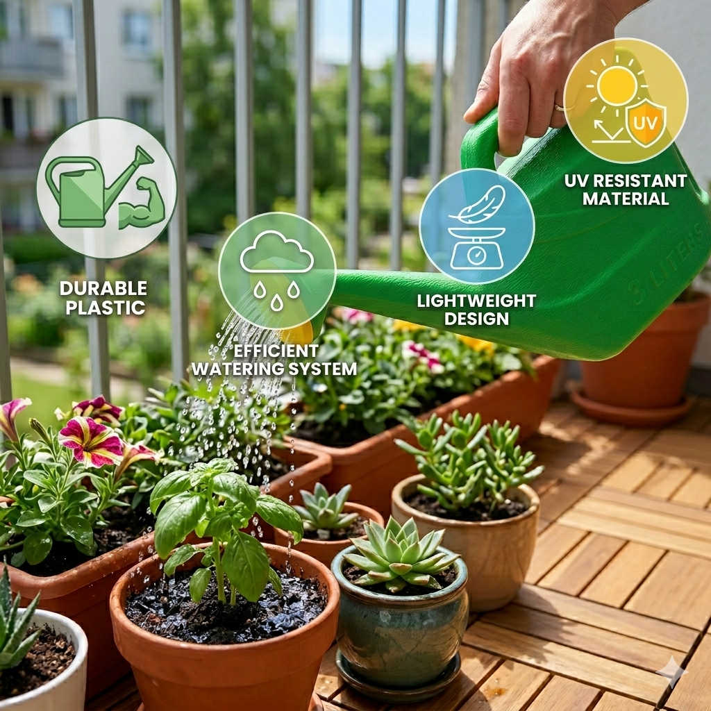 3L Green Plastic Watering Can with Spray Nozzle  For Plants, Flowers & Garden Beds