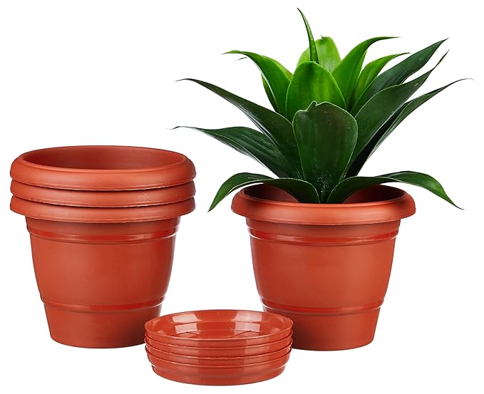 Round Pots for Plants with Bottom Tray | Indoor and Outdoor Flower Pot | 8 inch, Set of 4 |