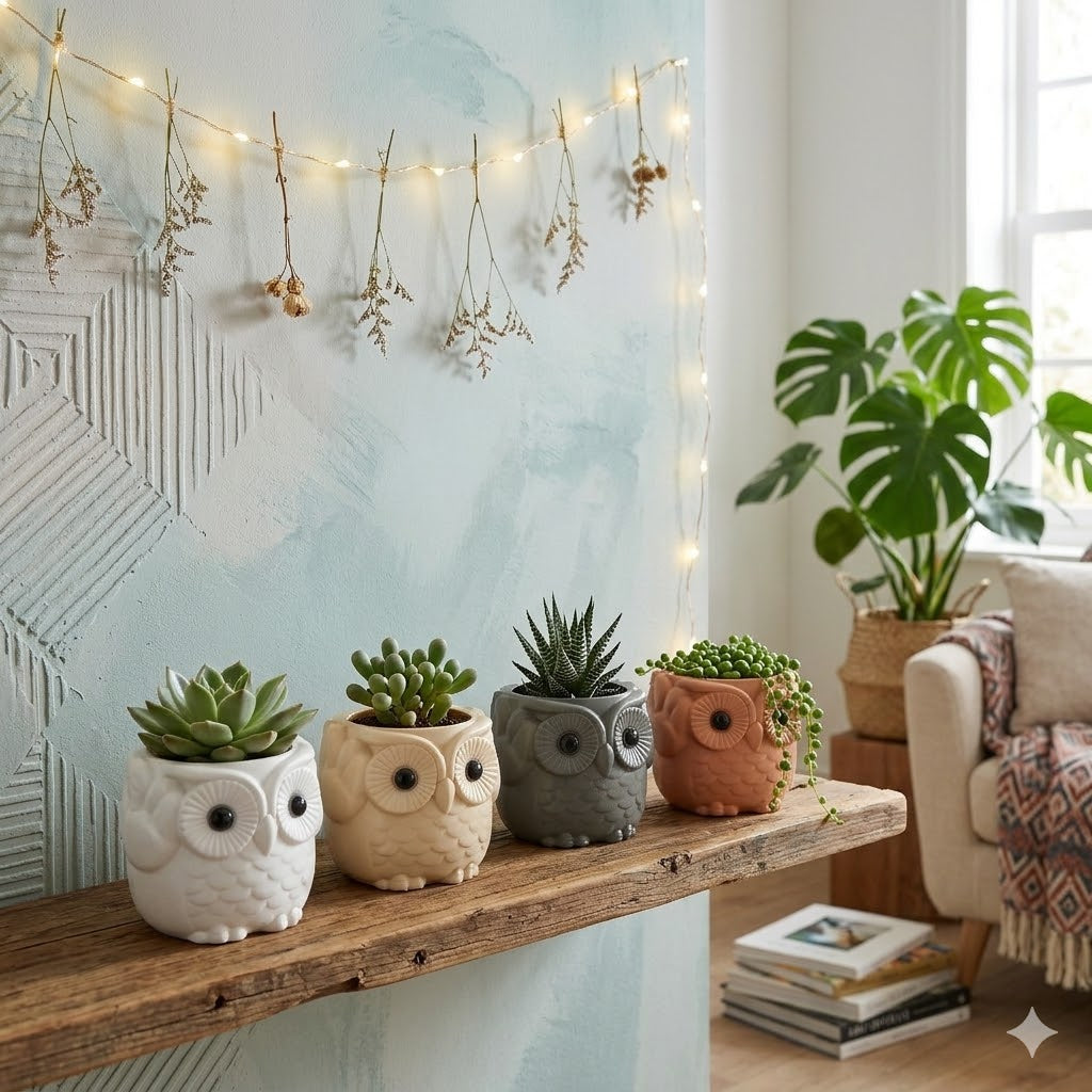 Adorable Owl Design Ceramic Flower Pots – Set of 4 Multi-Color Planters
