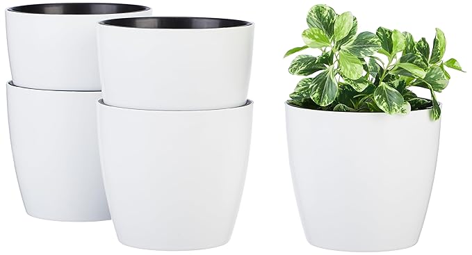 Self-Watering Planter Pots, 6 Inch White Flower Pots with Drainage, Modern Round Design for Indoor Outdoor Plants, Home Office Table Garden Balcony Decor, Set of 5