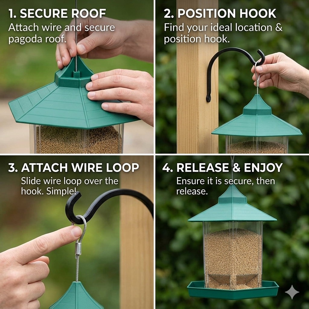 Hut Shaped Bird Feeder with Transparent Grain Holder with Hanging Wire (Green)