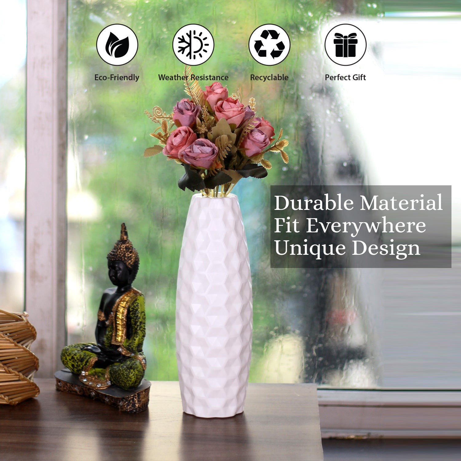 11 Inch White Celerio Flower Vases Decorative Cylindrical Tabletop Holders (Set of 2)