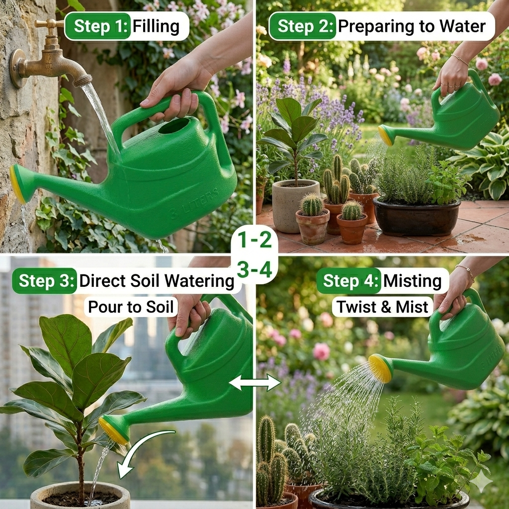 3L Green Plastic Watering Can with Spray Nozzle  For Plants, Flowers & Garden Beds