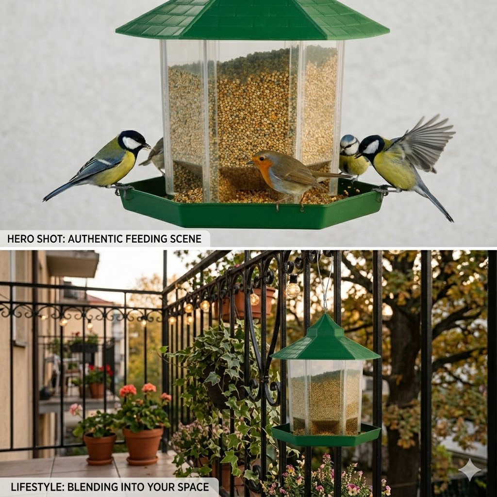 Hut Shaped Bird Feeder with Transparent Grain Holder with Hanging Wire (Green)