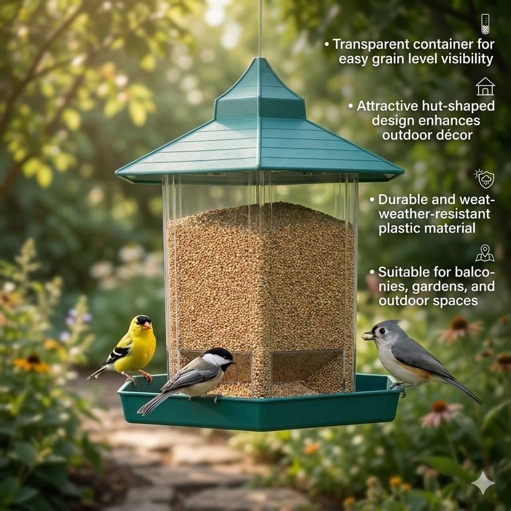 Hut Shaped Bird Feeder with Transparent Grain Holder with Hanging Wire (Green)