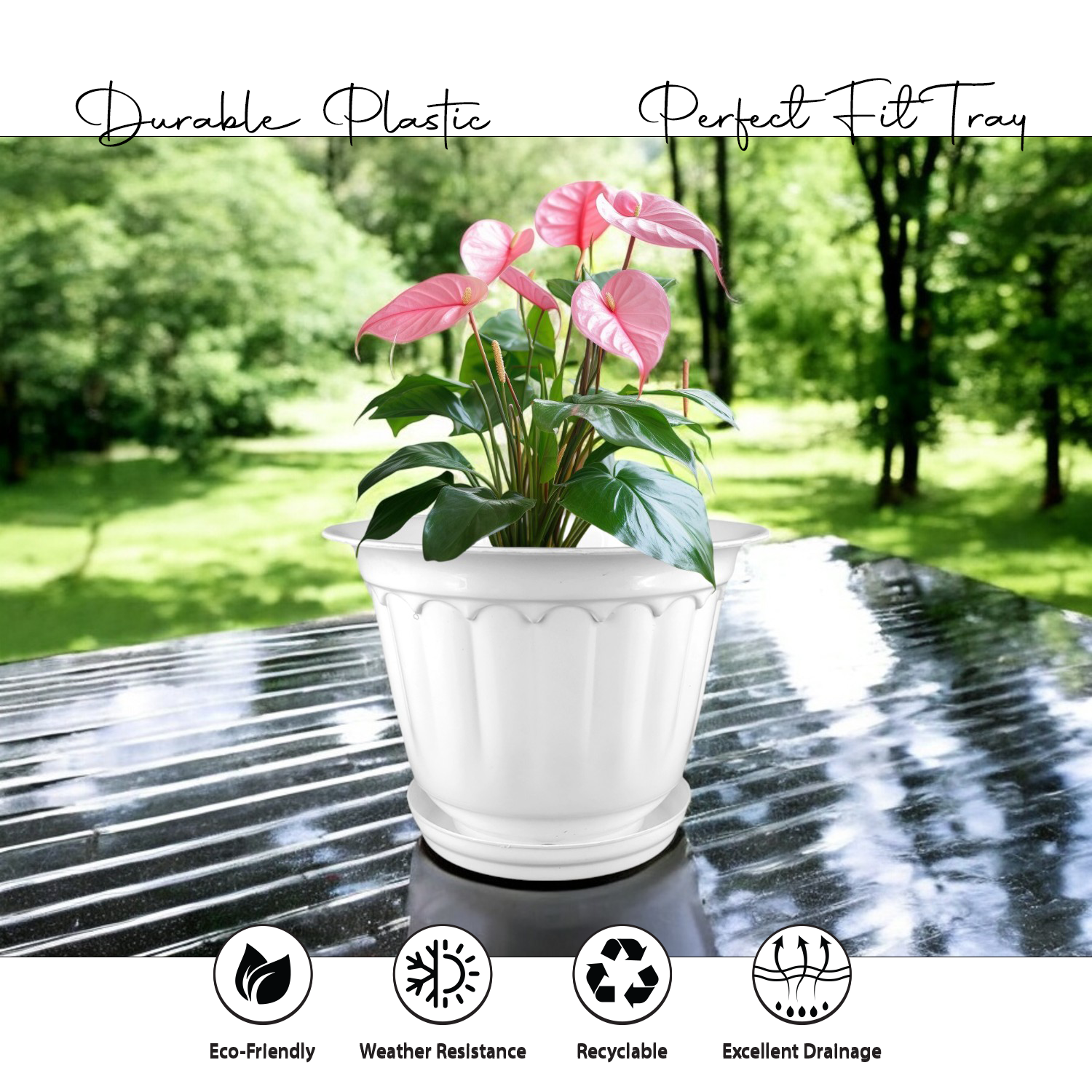 10 Inch Jasmine Planters with Drip Tray Home & Garden Decor (Set of 3)
