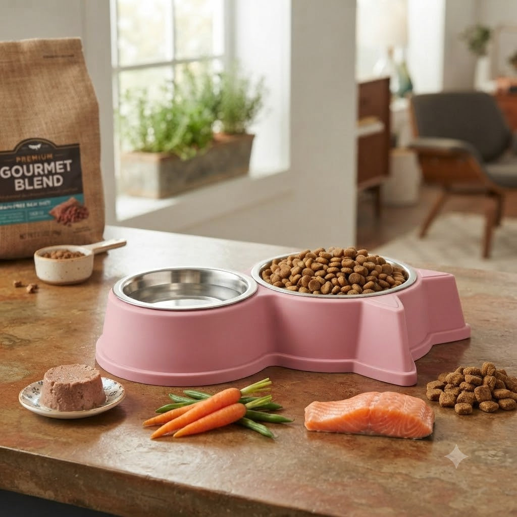 Cat & Dog Ear Double Bowl Pet Feeder – Stainless Steel Bowls, Non-Slip Base – 11.5 Inch