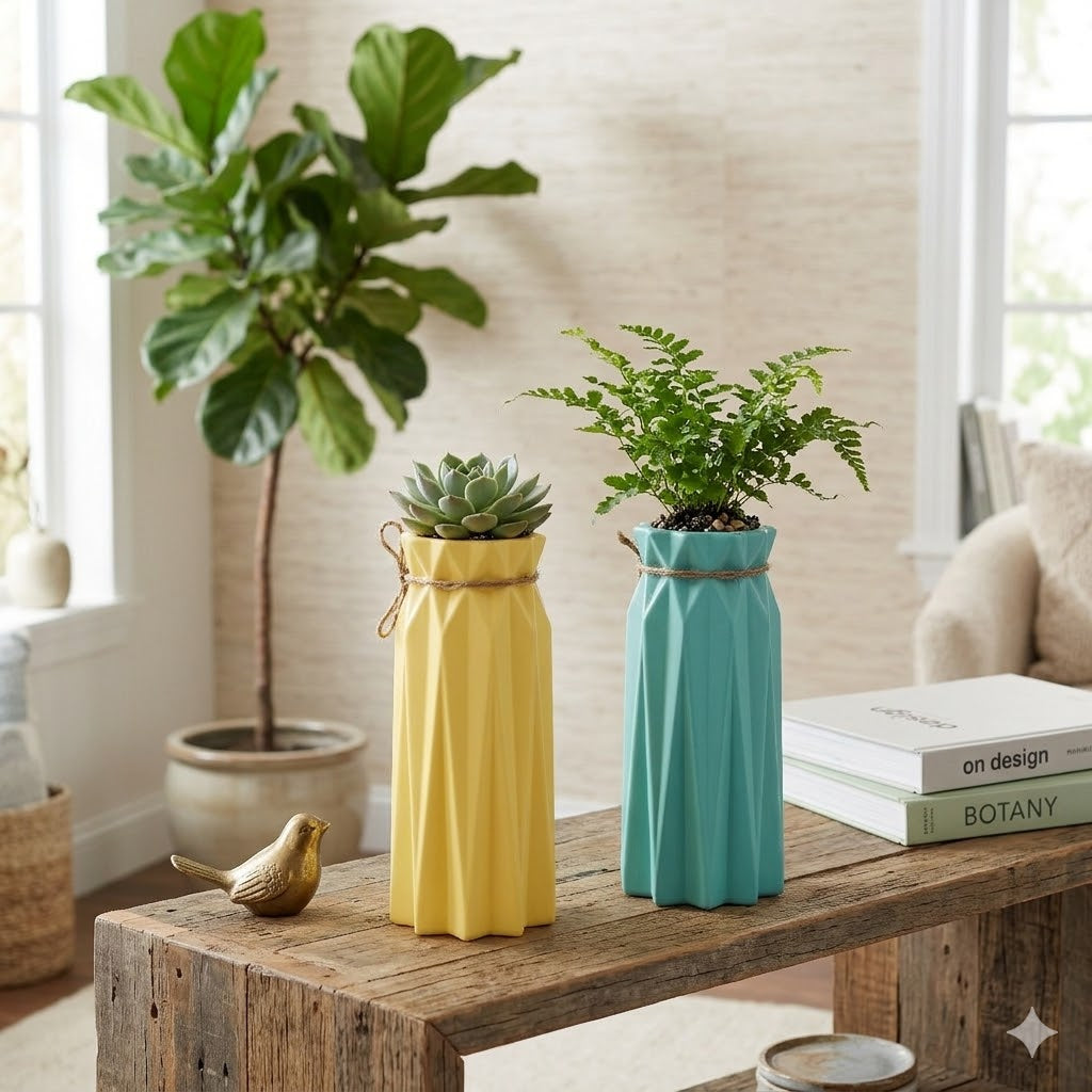 Doms Origami-Style Decorative Vase Pot 9.5" | Set of 2 | Home Décor Flower Vase