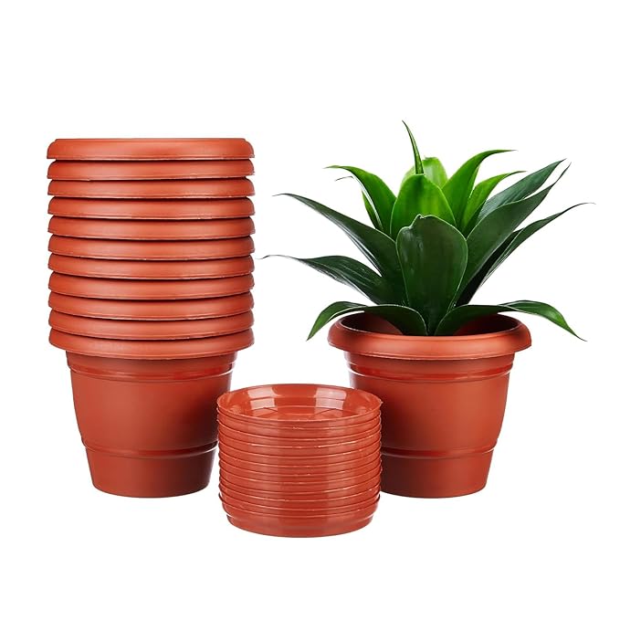 Round Plastic Plant Pots with Bottom Tray, Set of 12 – 8 Inch Lightweight Terracotta-Style Flower Pots