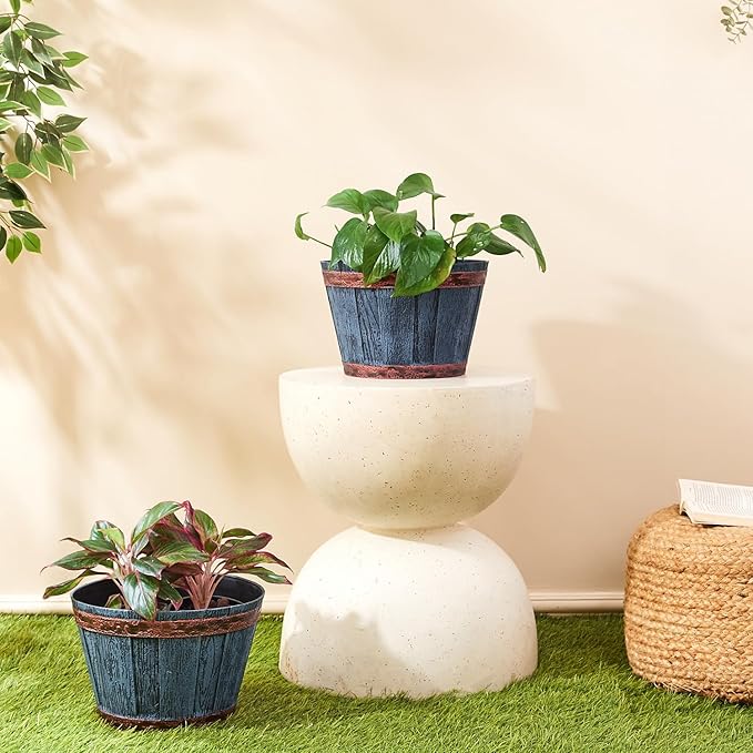 Rustic Blue Barrel Planters, Set of 2 – 10 Inch Round Indoor/Outdoor Flower Pots for Home, Office, Balcony & Terrace Decor
