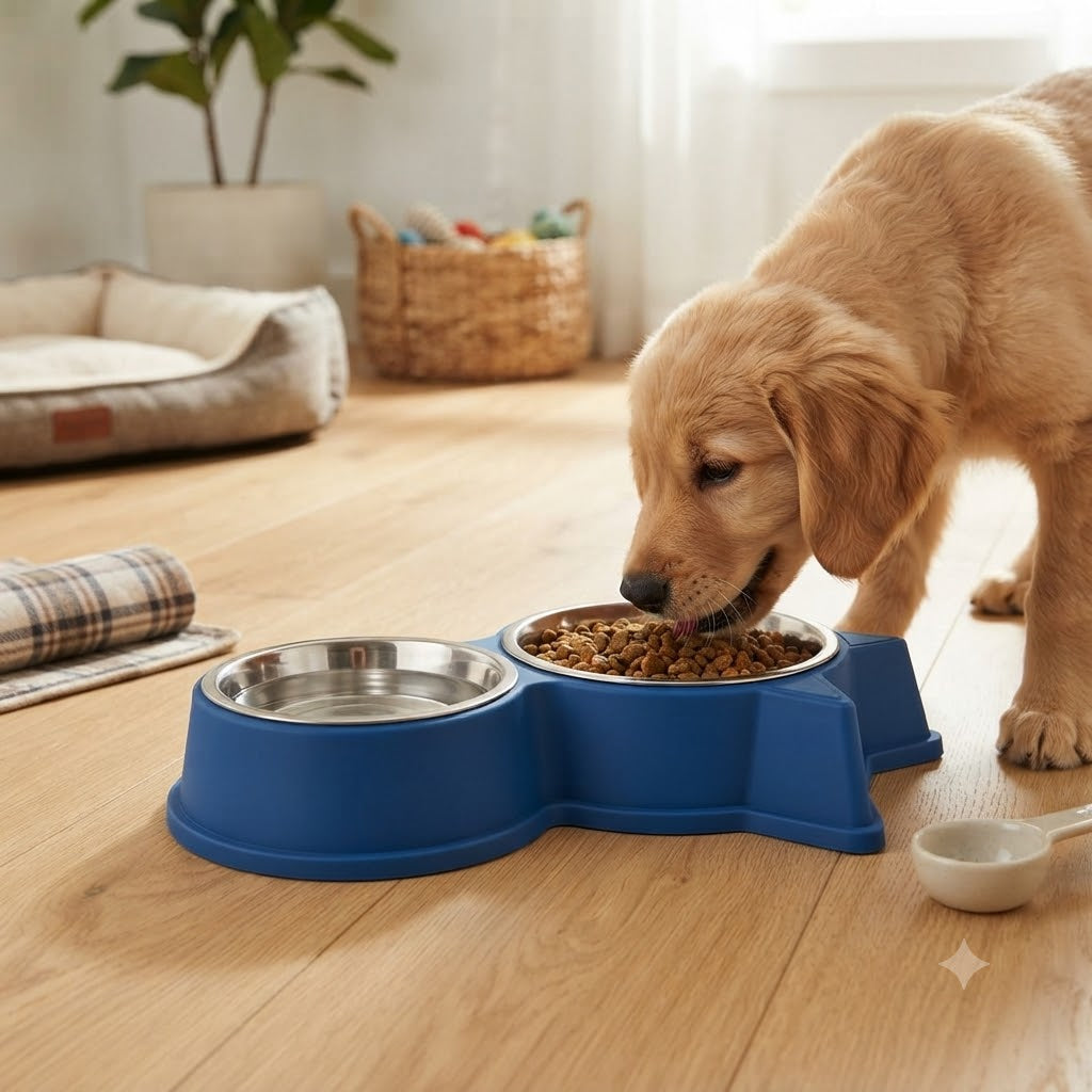 Cat & Dog Ear Double Bowl Pet Feeder – Stainless Steel Bowls, Non-Slip Base – 11.5 Inch