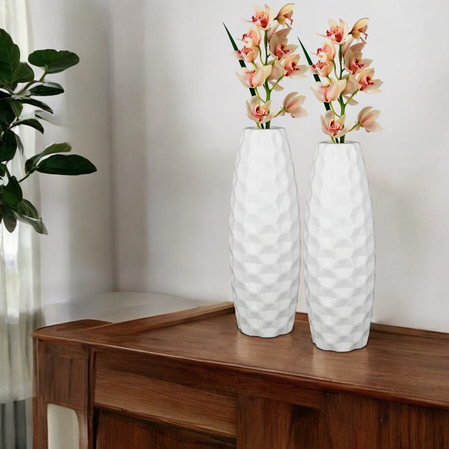 11 Inch White Celerio Flower Vases Decorative Cylindrical Tabletop Holders (Set of 2)