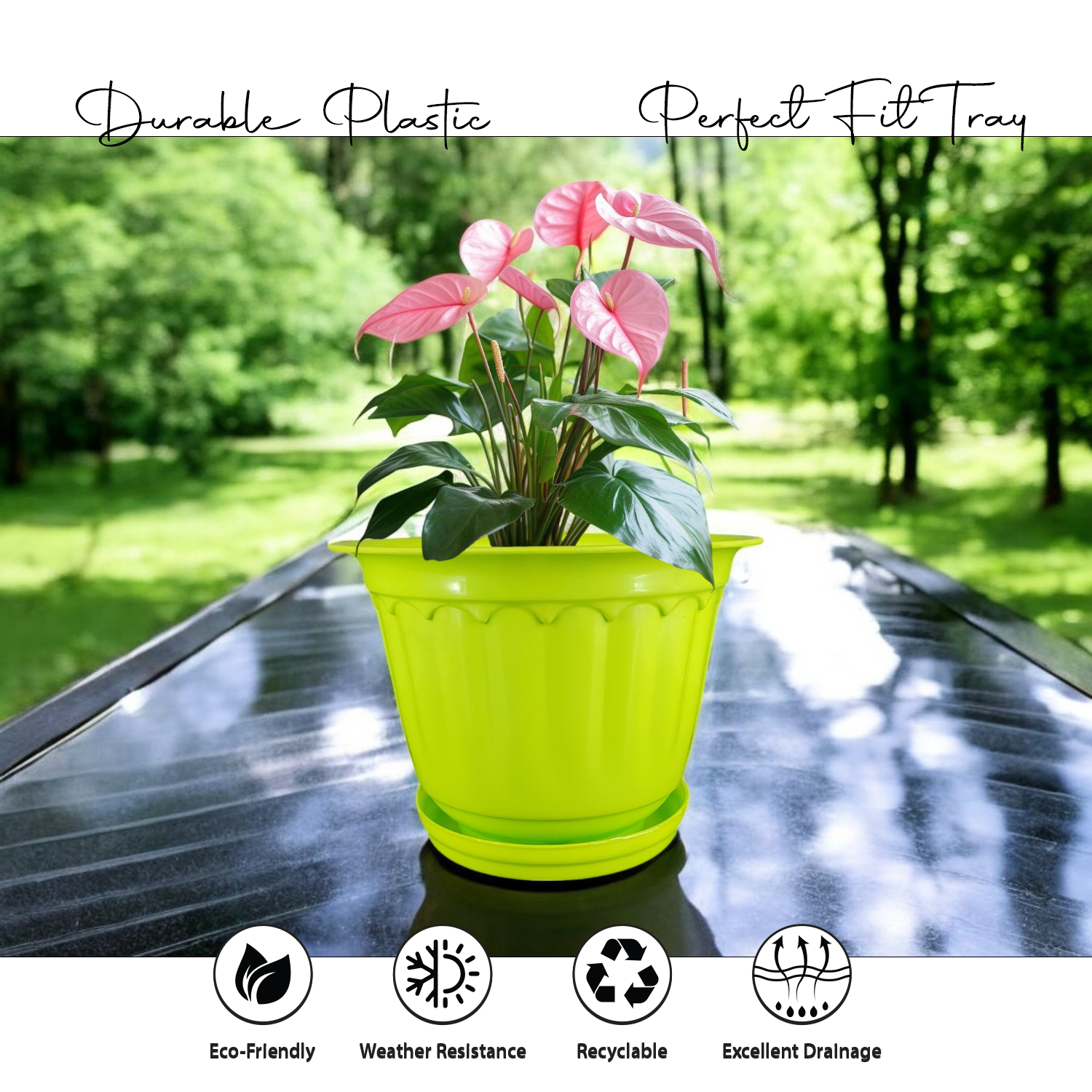 10 Inch Jasmine Planters with Drip Tray Home & Garden Decor (Set of 3)