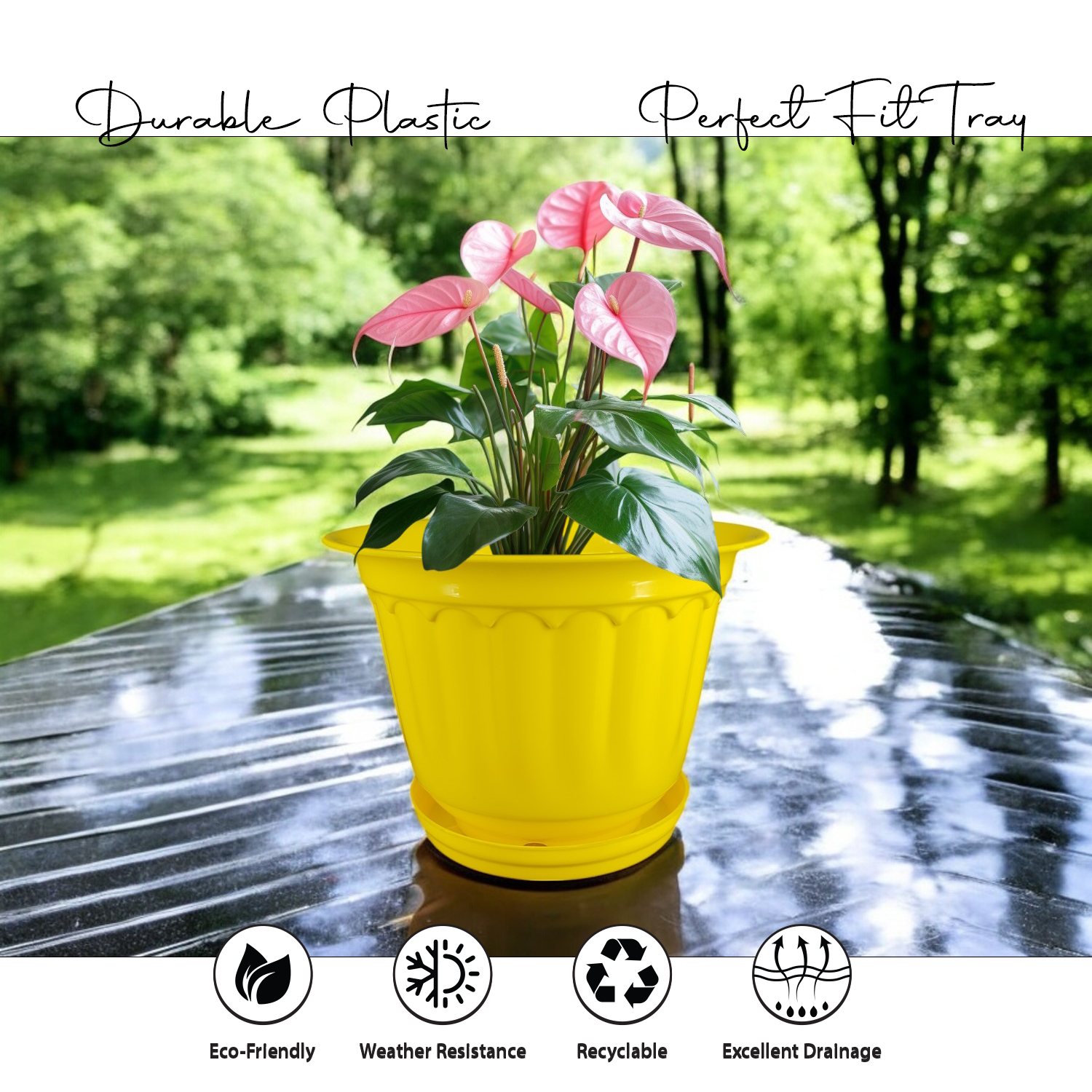 10 Inch Jasmine Planters with Drip Tray Home & Garden Decor (Set of 3)