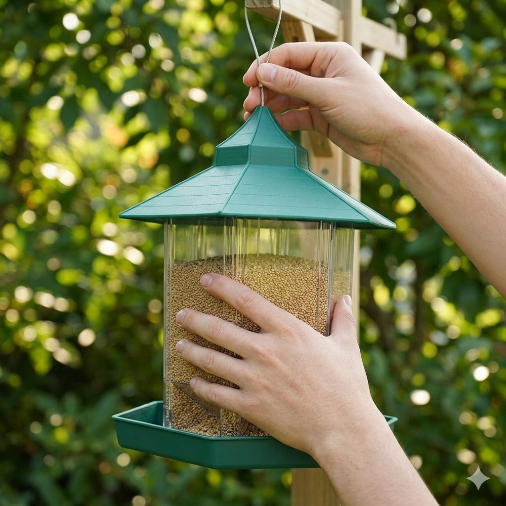 Hut Shaped Bird Feeder with Transparent Grain Holder with Hanging Wire (Green)