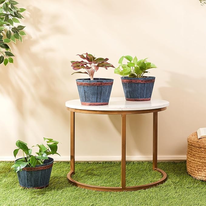Rustic Barrel Planter Pots, Set of 3 – Round 8 Inch Weathered Wood-Style Flower Pots for Indoor & Outdoor Use, Home, Balcony, Terrace & Office Decor