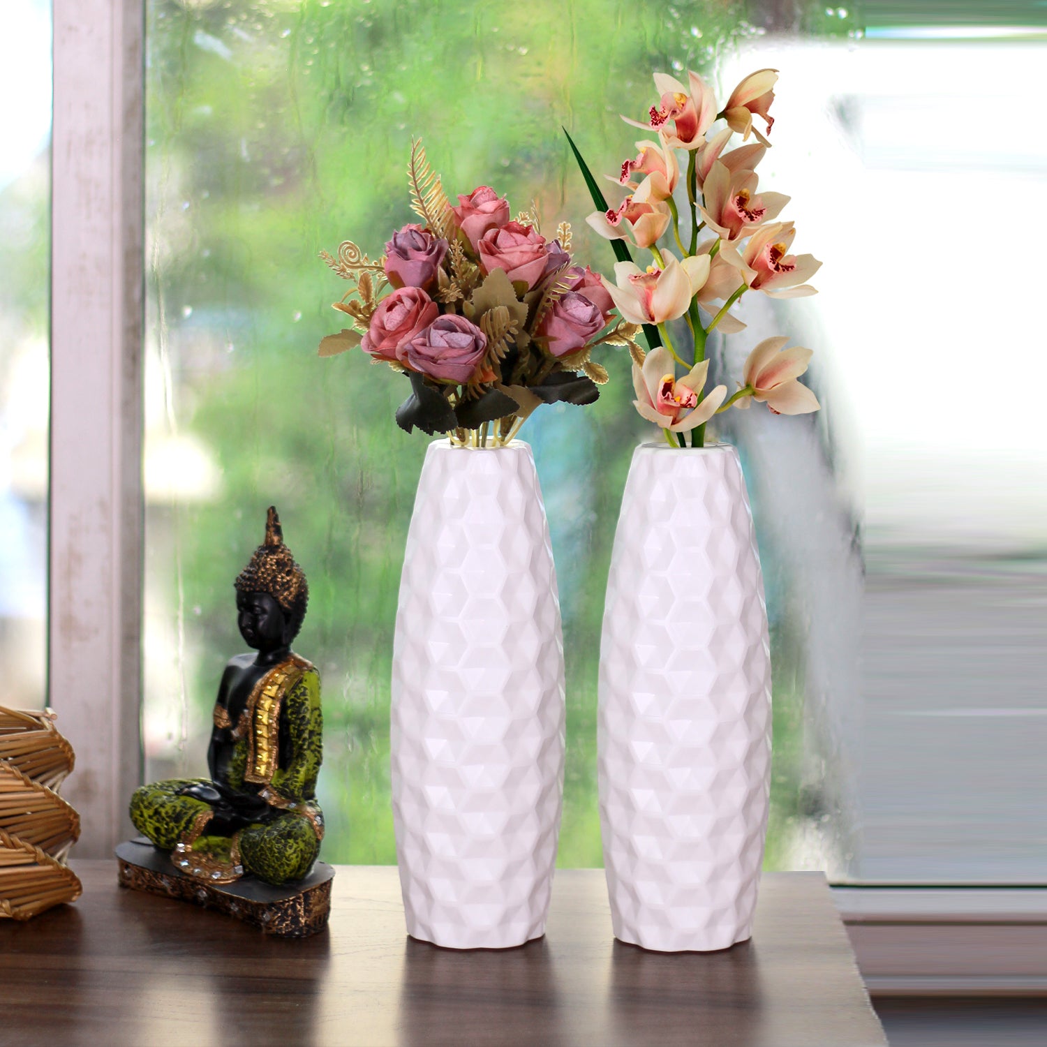 11 Inch White Celerio Flower Vases Decorative Cylindrical Tabletop Holders (Set of 2)
