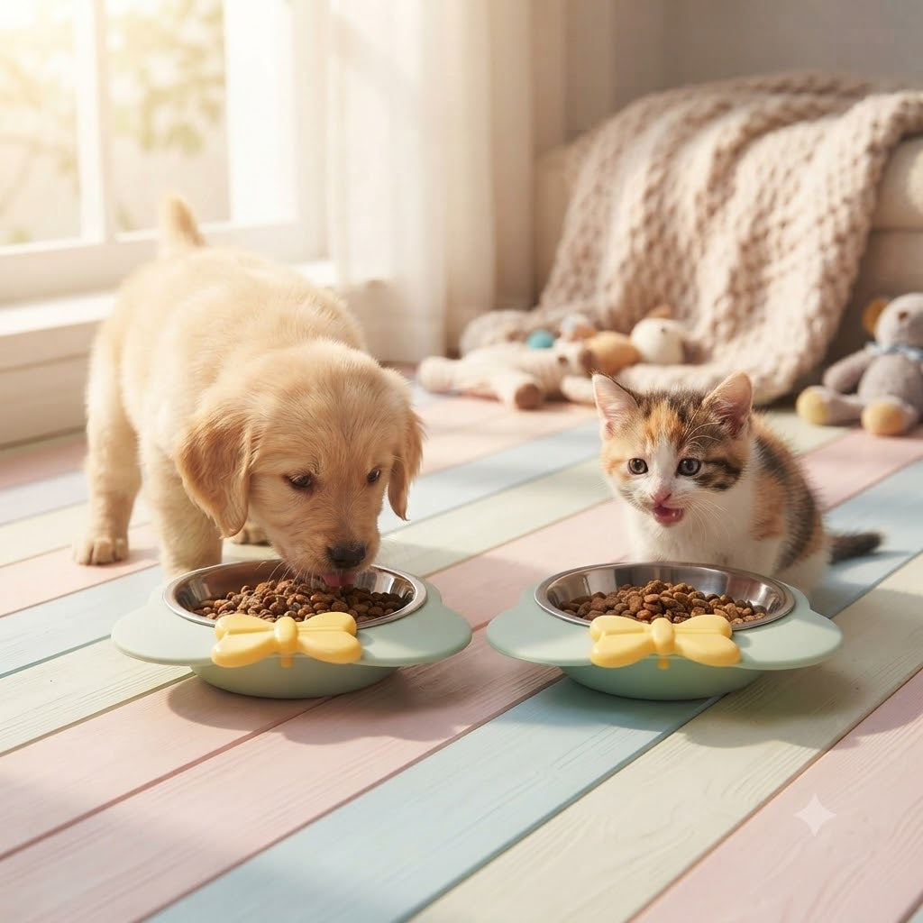 Stainless Steel Cat & Dog Bowl with Non-Slip Plastic Base – 6.5 Inch, Set of 2
