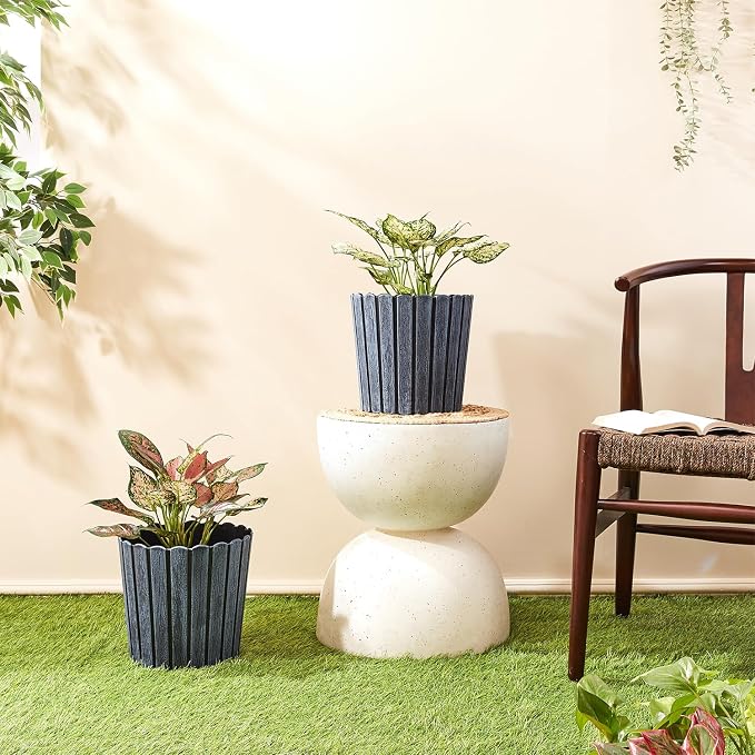 Fluted Round Planter Pot – 10 Inch Indoor & Outdoor Flower Pot for Terrace, Balcony, Home & Office Decor (Set of 2, Charcoal Grey)
