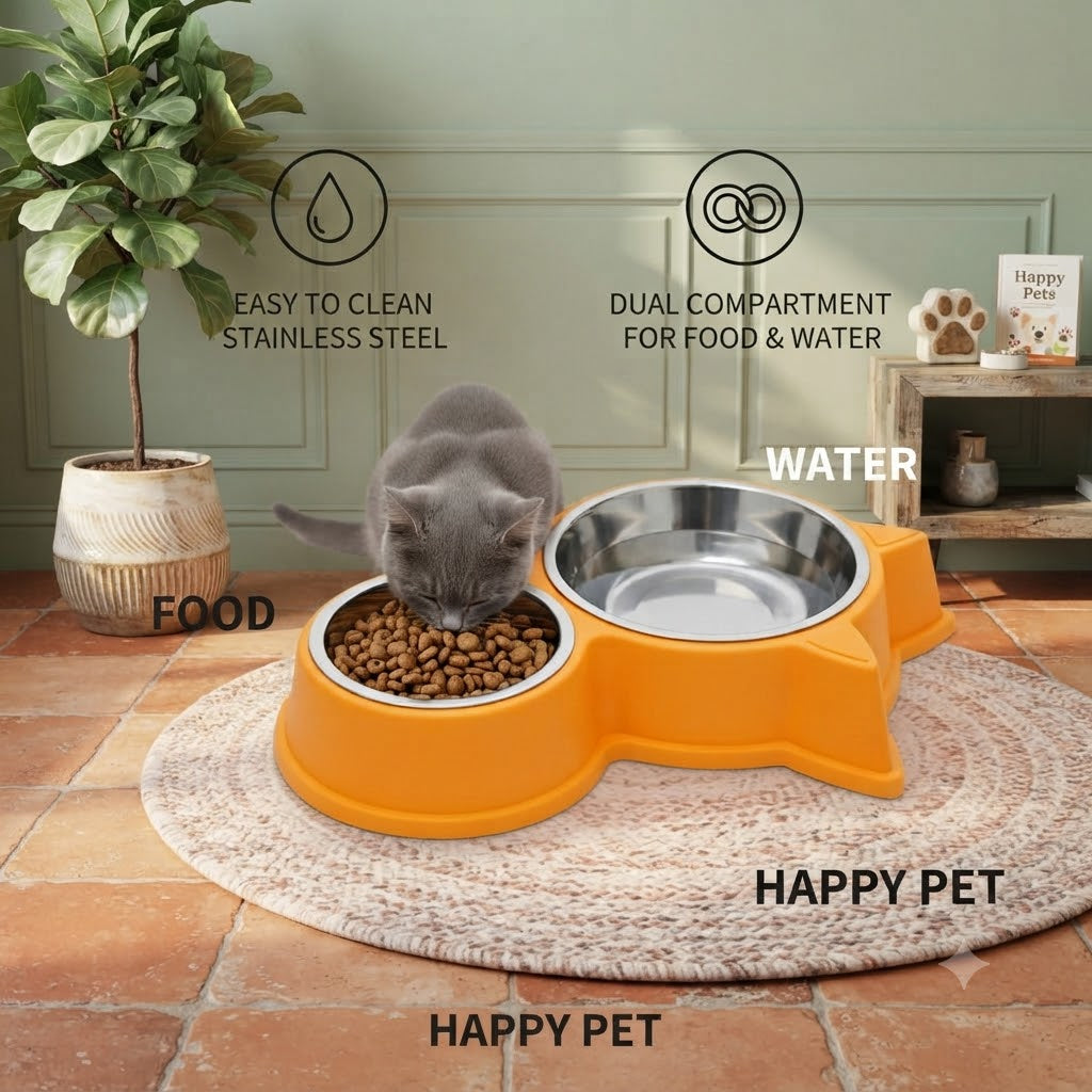 Cat & Dog Ear Double Bowl Pet Feeder – Stainless Steel Bowls, Non-Slip Base – 11.5 Inch