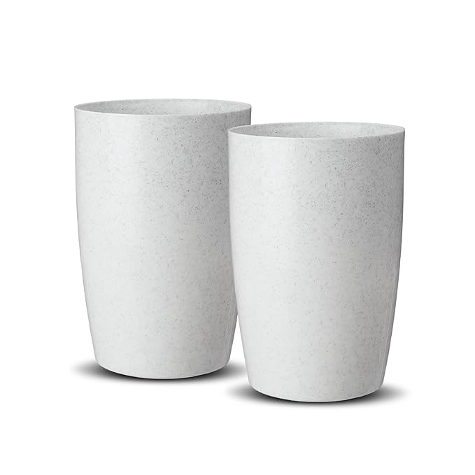 Round Tapered Planter Pots, 15.3 Inch Height, Speckled White Stone Finish – Indoor & Outdoor Décor, Set of 2