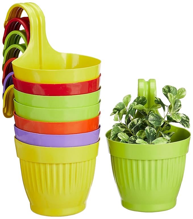 Virgin Plastic Hanging Planter Pots for Home, Terrace & Balcony Garden Decoration – Hook Style Flower Pots, Multicolour, 6.8 Inch (Set of 8)