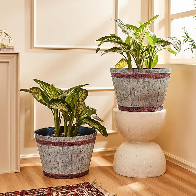 Whiskey Barrel Style Planters Set of 2 - 18" & 14" Round Flower Pots Rustic Farmhouse & Home Decor
