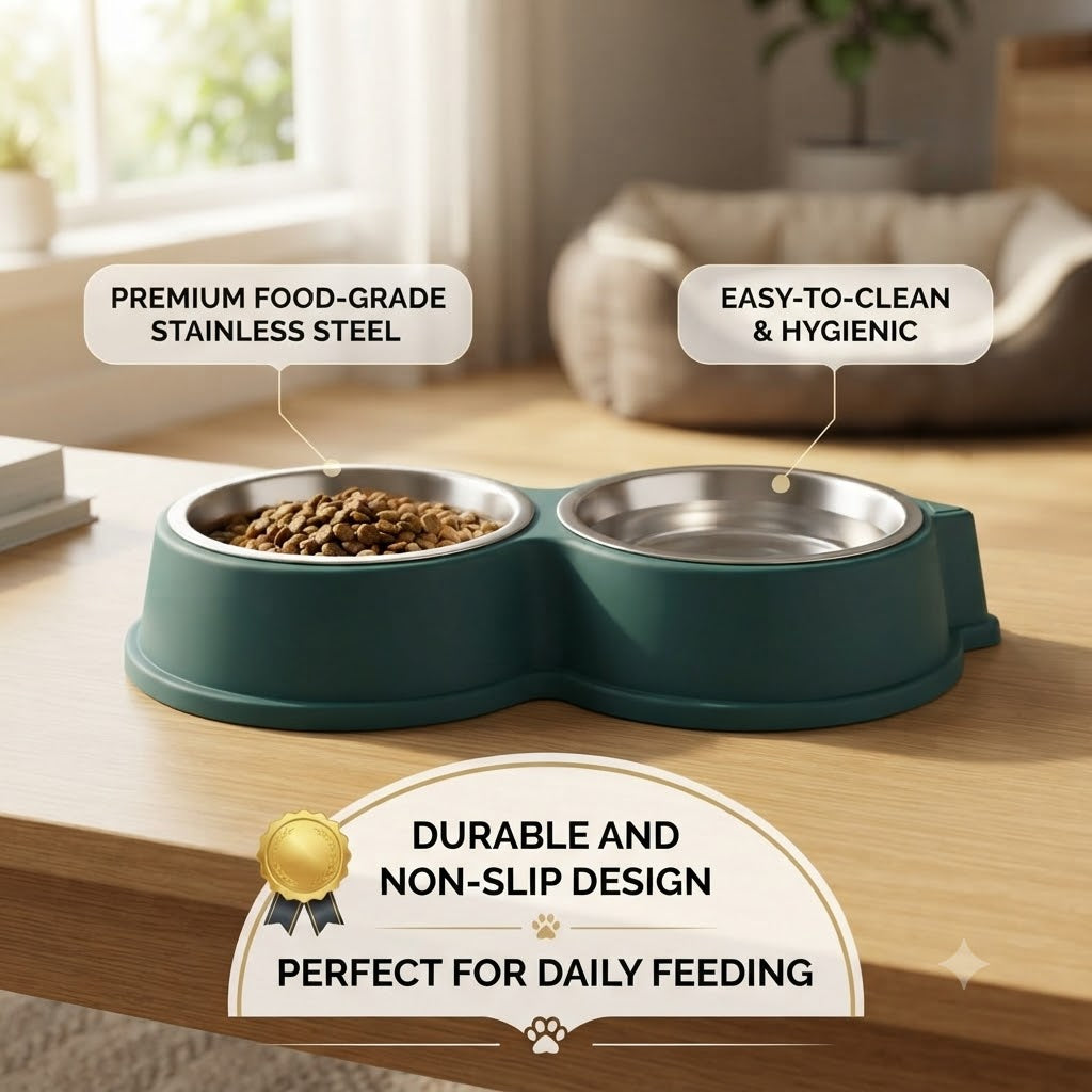 Cat & Dog Ear Double Bowl Pet Feeder – Stainless Steel Bowls, Non-Slip Base – 11.5 Inch