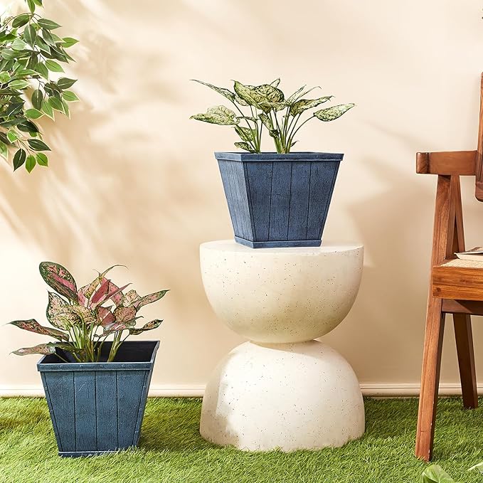 Square 10 Inch Barrel Flower Planter Pot, Weathered Wood-Finish Design /Home/Office Decor – Set of 2