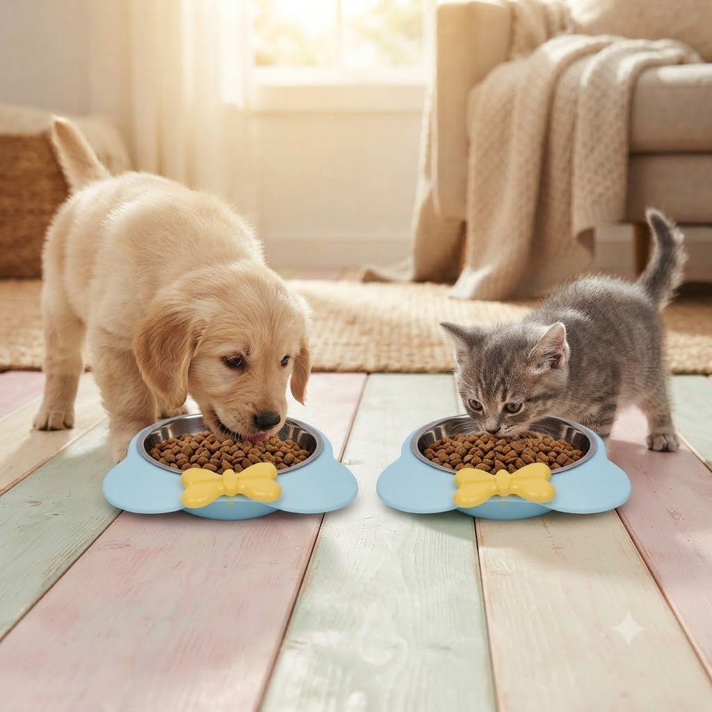 Stainless Steel Cat & Dog Bowl with Non-Slip Plastic Base – 6.5 Inch, Set of 2