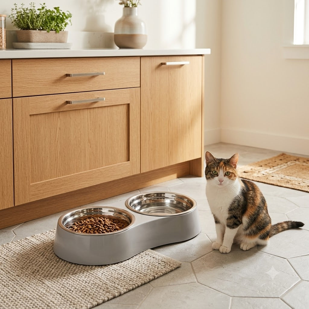 Stainless Steel Double Dog & Cat Bowl Set - 9.5 inch (24 cm), Anti-Skid Grey Stand
