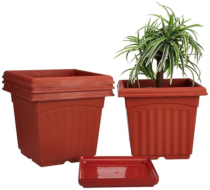 Square Plastic Planters with Bottom Trays – Set of 4, 14 Inch, Brown | UV Treated, Durable Flower Pots for Indoor & Outdoor Use – Home, Office, Balcony, Garden