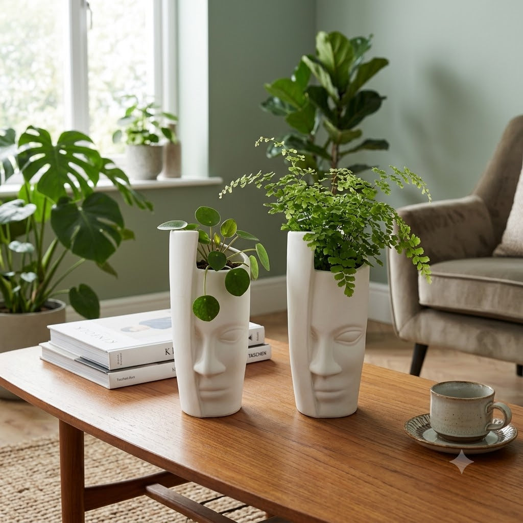Modern Face Art Planter Vase – White Matte Finish | Set of 2