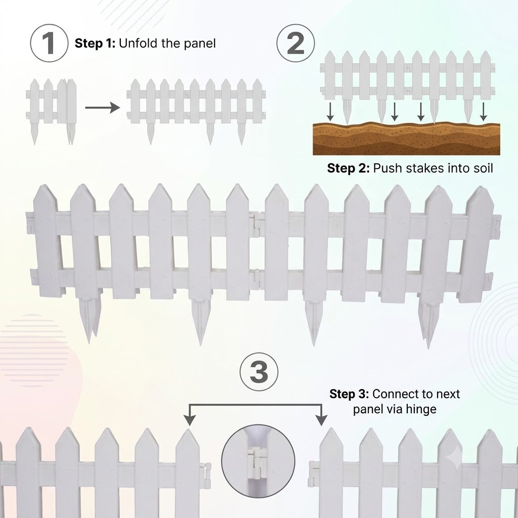 Decorative Picket Border Edging with Ground Stakes Flexible Interlocking Design for Lawn, Flower Beds & Landscaping