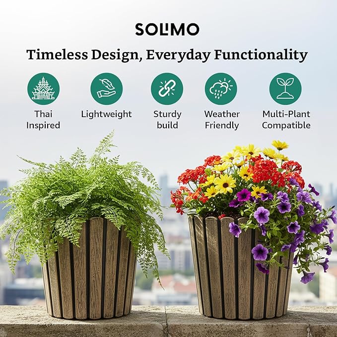 Ribbed Wood-Style Planter Pot Set of 2 – 12 Inch Round Indoor Outdoor Flower Pots for Home, Balcony, Terrace & Office Decor