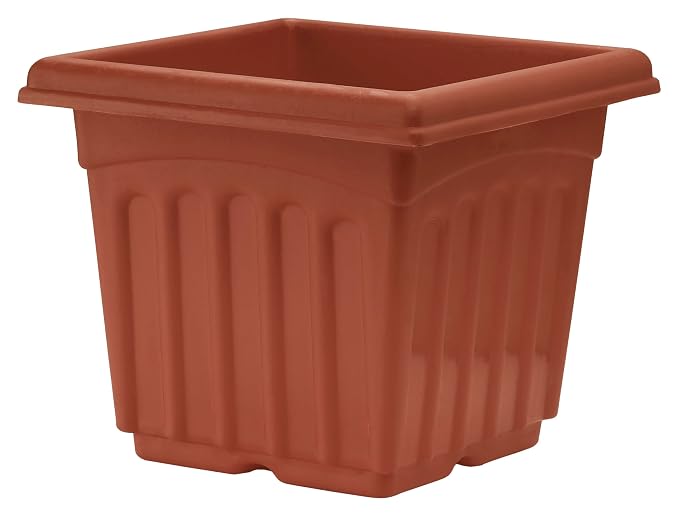 Square Plastic Planters with Bottom Trays – Set of 4, 14 Inch, Brown | UV Treated, Durable Flower Pots for Indoor & Outdoor Use – Home, Office, Balcony, Garden