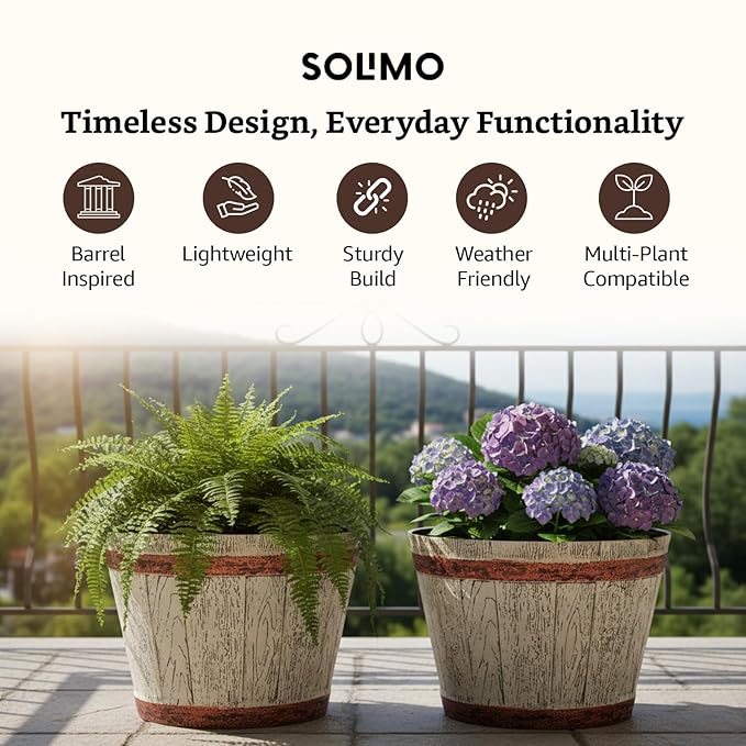 Whiskey Barrel Style Planters Set of 2 - 18" & 14" Round Flower Pots Rustic Farmhouse & Home Decor