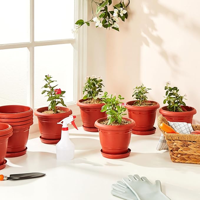 Round Plastic Plant Pots with Bottom Tray, Set of 12 – 8 Inch Lightweight Terracotta-Style Flower Pots
