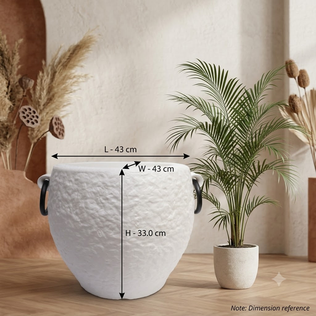 Rock Texture Large Planter Pot 15" — White Matte with Black Ring Handles