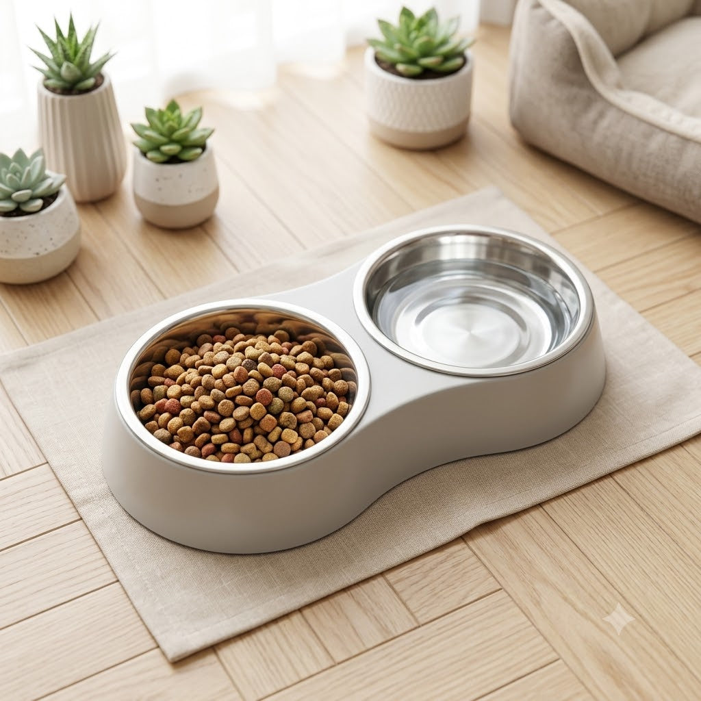 Stainless Steel Double Dog & Cat Bowl Set - 9.5 inch (24 cm), Anti-Skid Grey Stand